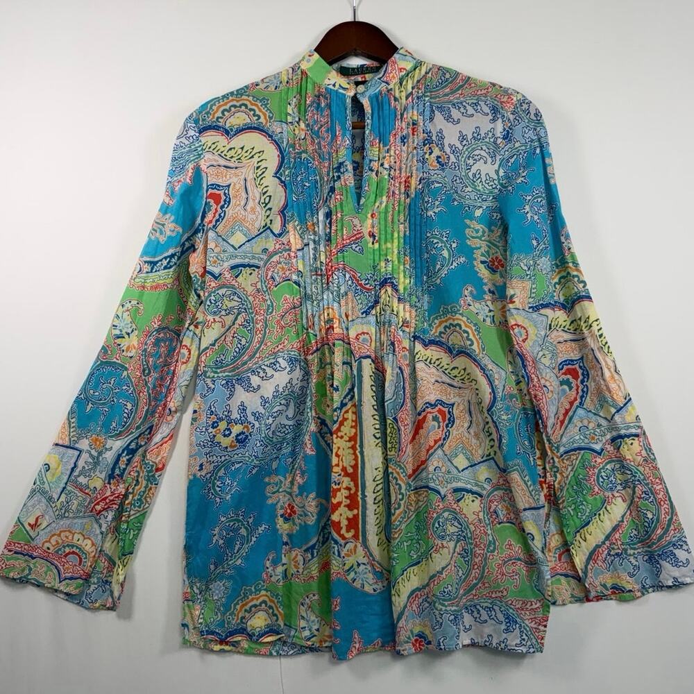 Lauren Ralph Lauren Women’s S Smocked Tunic Cotton Blue Paisley Lightweight EUC - Picture 2 of 9